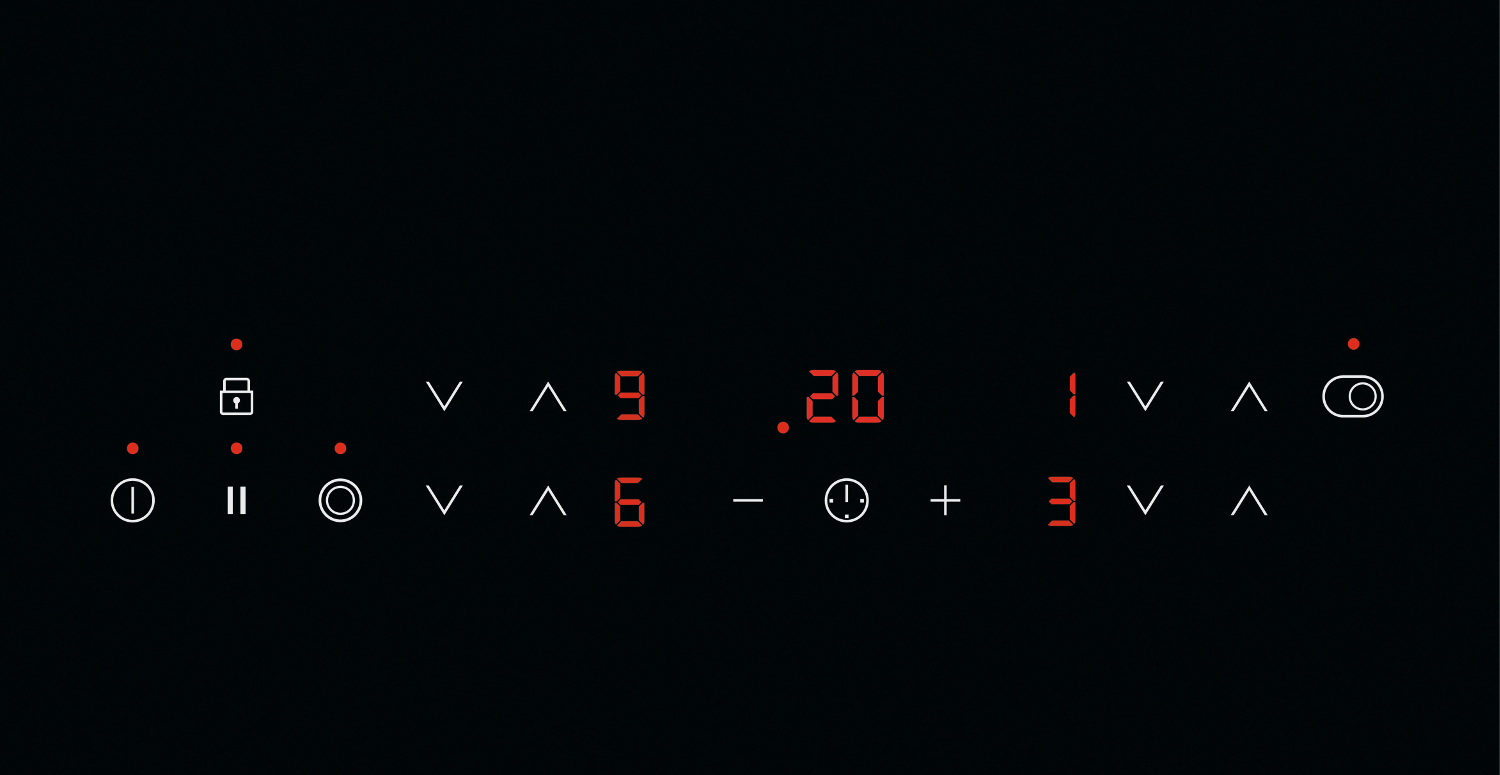 Black control panel with red digital numbers and symbols on a black background.
