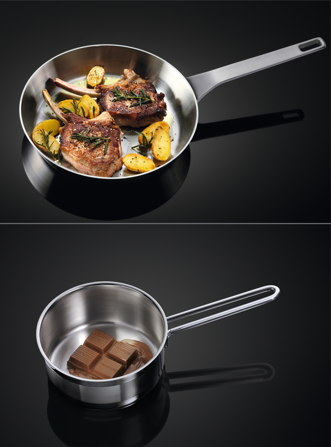 Two food scenes. One shows meat in pan and potatoes. The other shows chocolate in a pan.