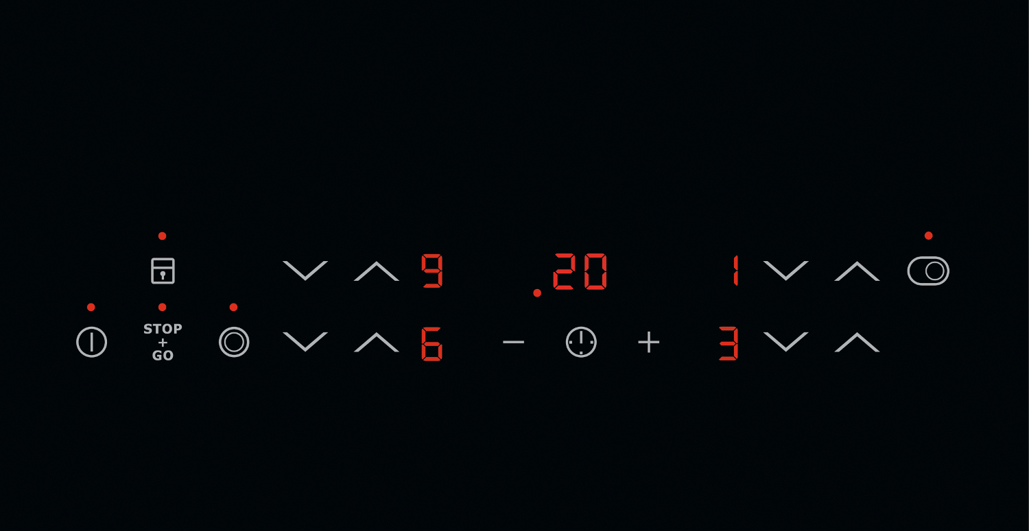 A black hob with a digital display. Numbers and symbols are visible. The surface is black.