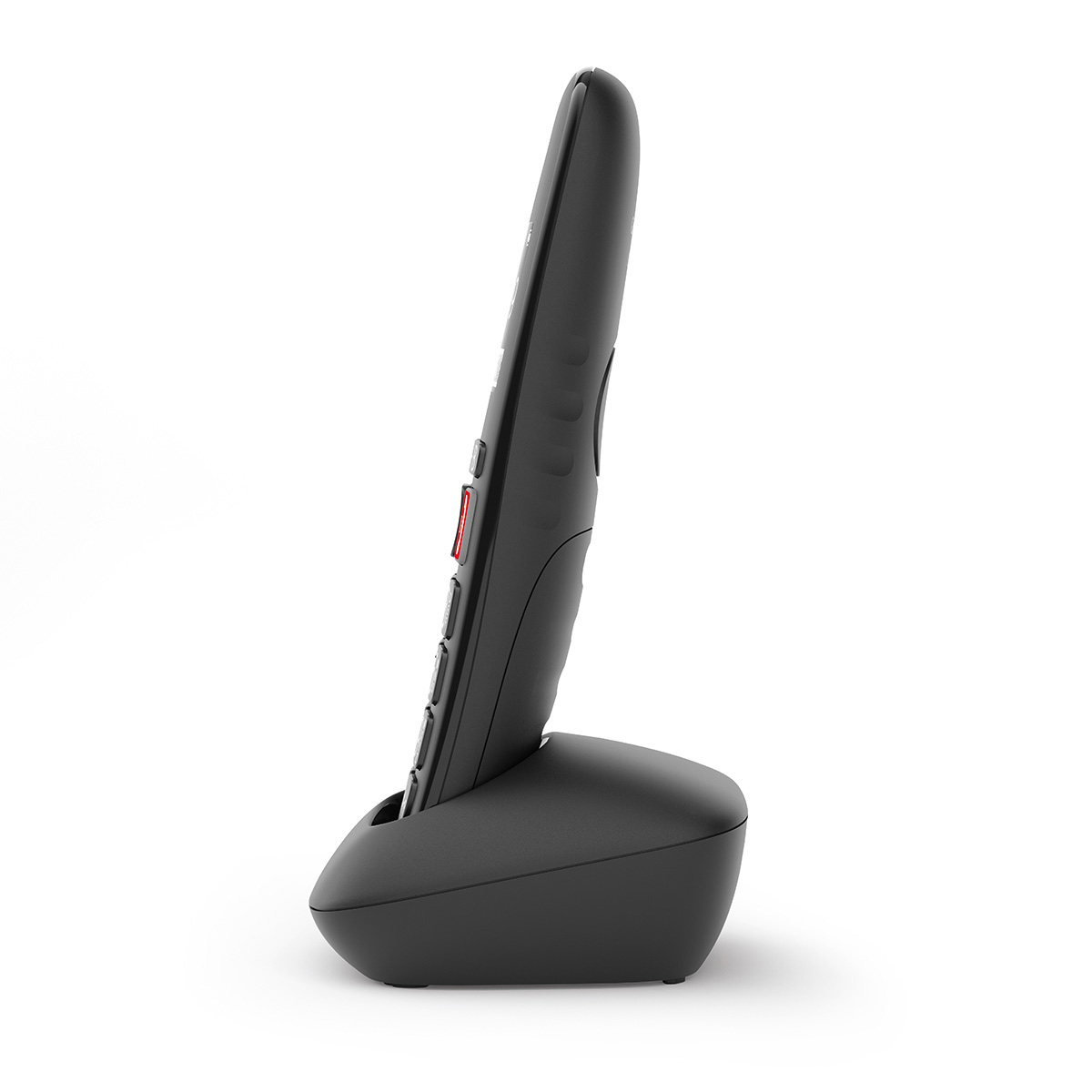 Ein schwarzes schnurloses Telefon auf seiner Basis. Der Hörer ist abgewinkelt, eine rote Taste sichtbar.