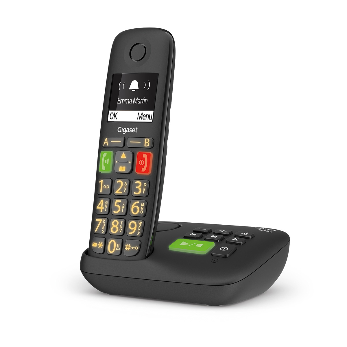 Schwarzes Gigaset schnurloses Telefon und Basis. Telefon hat Display und Nummern.