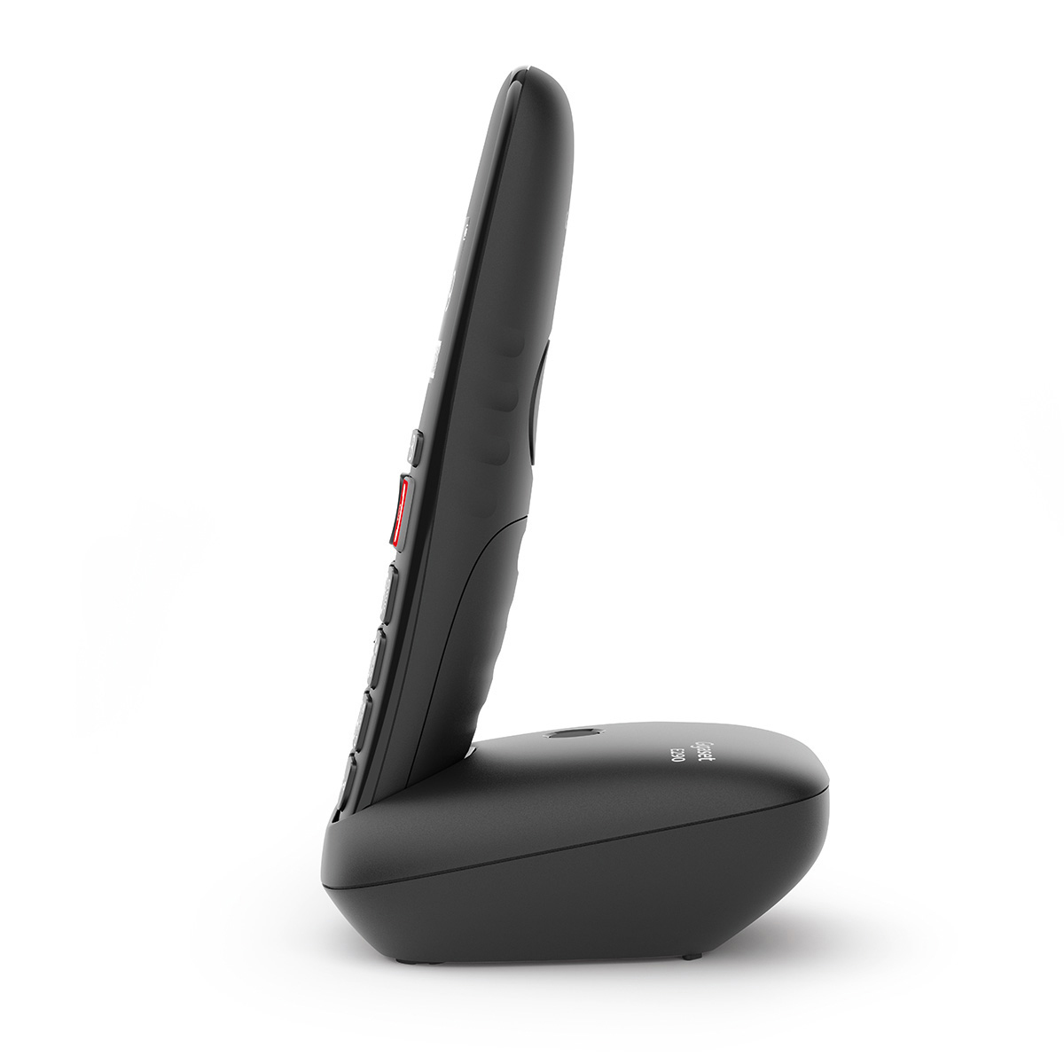 Ein schwarzes schnurloses Telefon auf seiner Basis. Das Telefon ist im Profil.
