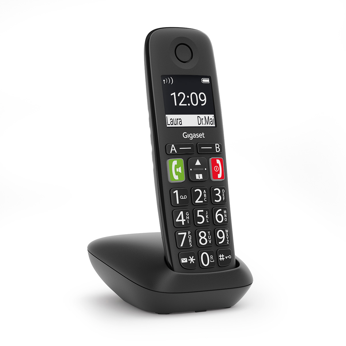 Ein schwarzes schnurloses Gigaset-Telefon mit Display, das Zeit und Kontaktinformationen anzeigt. Es steht auf einer Basis.