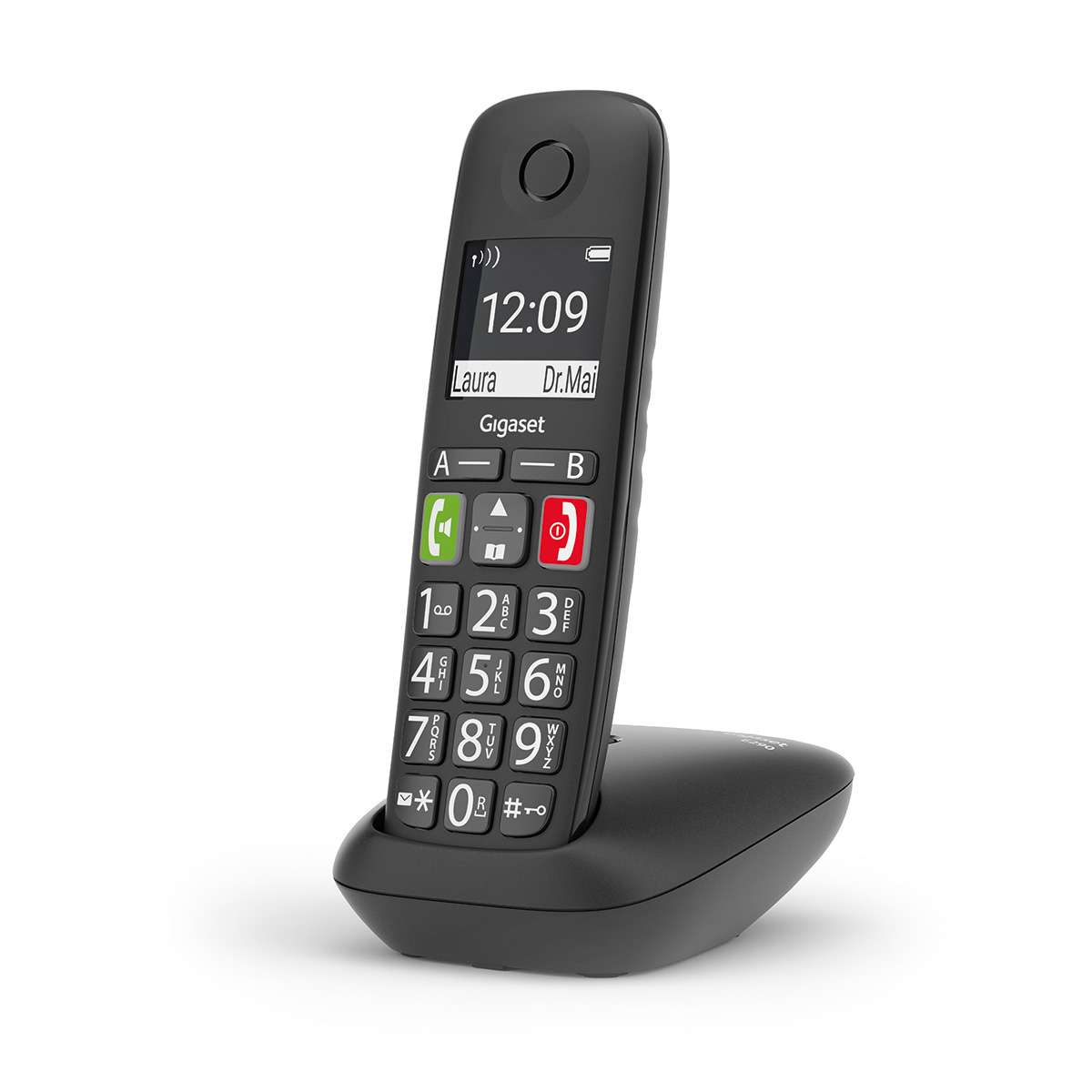 Schwarzes Gigaset-Telefon mit Display, Tasten und Basis. Zeigt die Uhrzeit. Rote und grüne Tasten sind sichtbar.