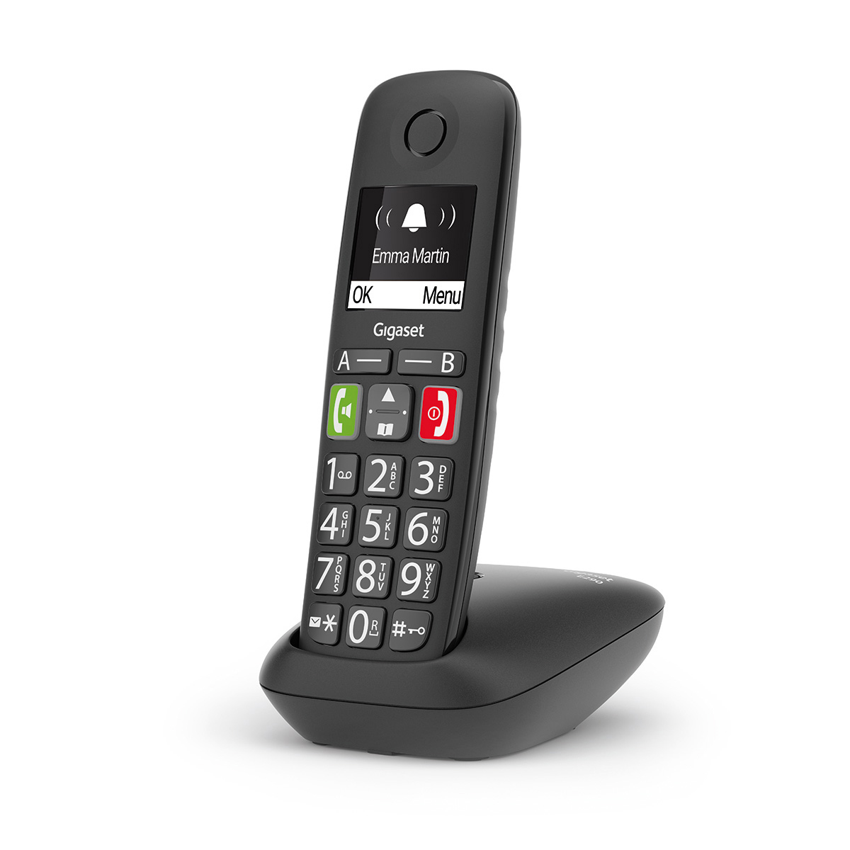 Schwarzes schnurloses Telefon mit Namensanzeige. Die Basis ist schwarz.