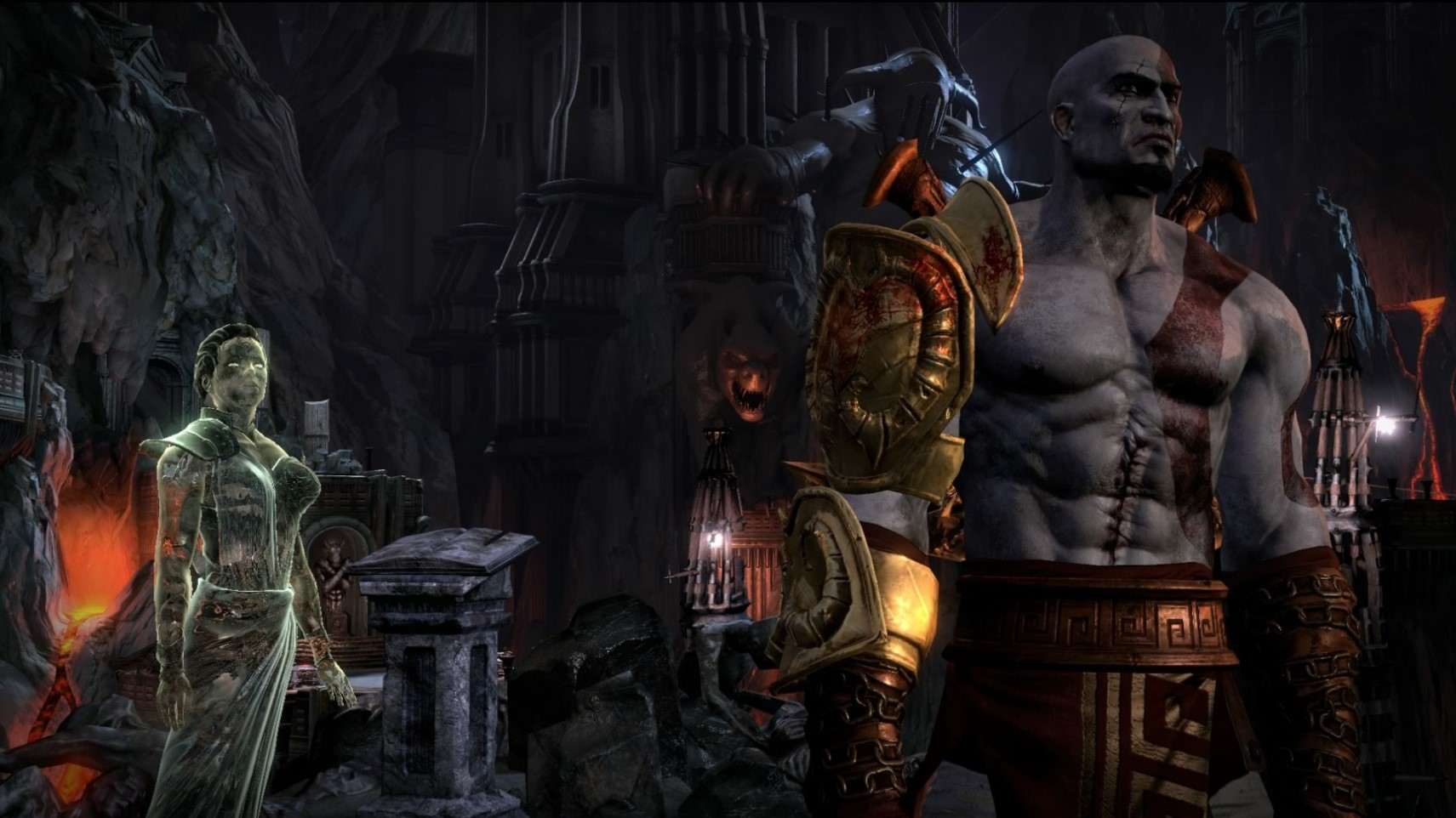 Kratos und eine geisterhafte Gestalt in einer dunklen Höhlenumgebung. Lava glüht.