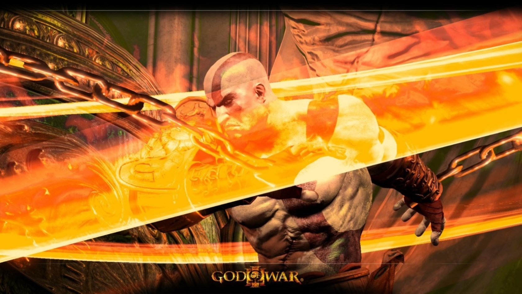 Kratos aus God of War, mit orangefarbenem Licht und Ketten beleuchtet. God of War-Logo unten.