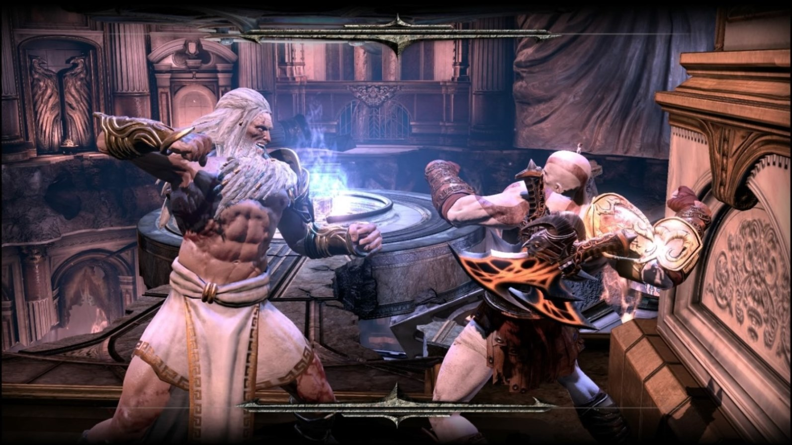 Zeus und Kratos in Kampfpose, in einer Videospielszen.