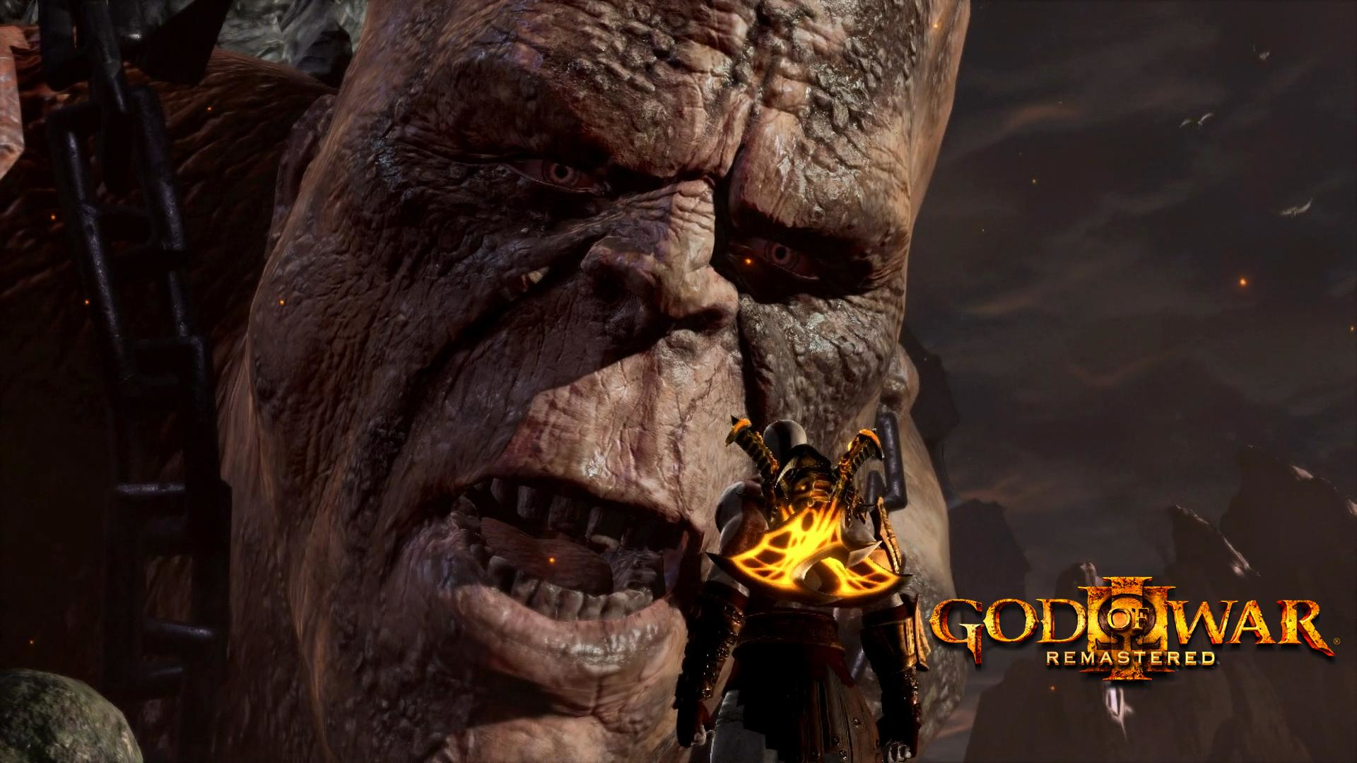 Ein großes, monströses Gesicht ragt über einer kleineren Figur mit einem Schwert. Der Spieletitel 'God of War' ist sichtbar.