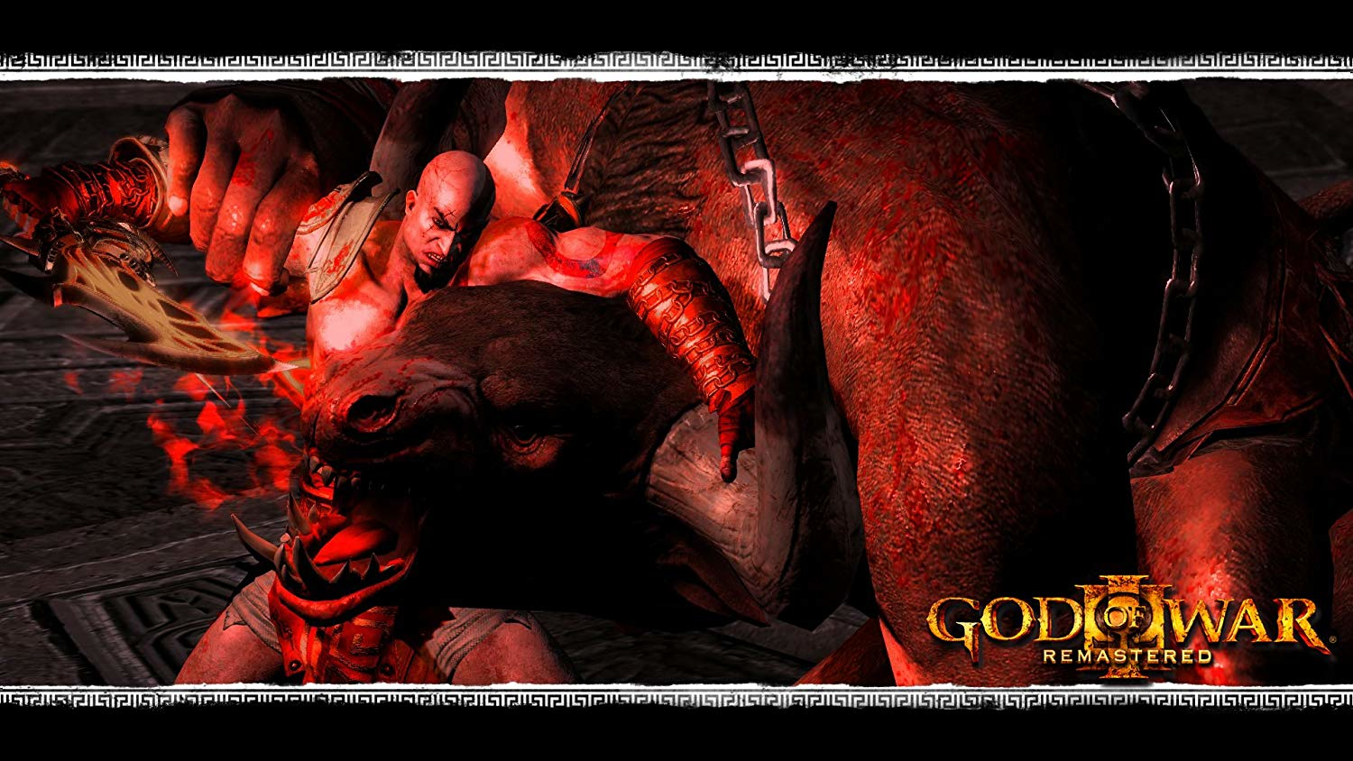 Szene aus 'God of War', Mann bekämpft minotaurusähnliches Wesen.