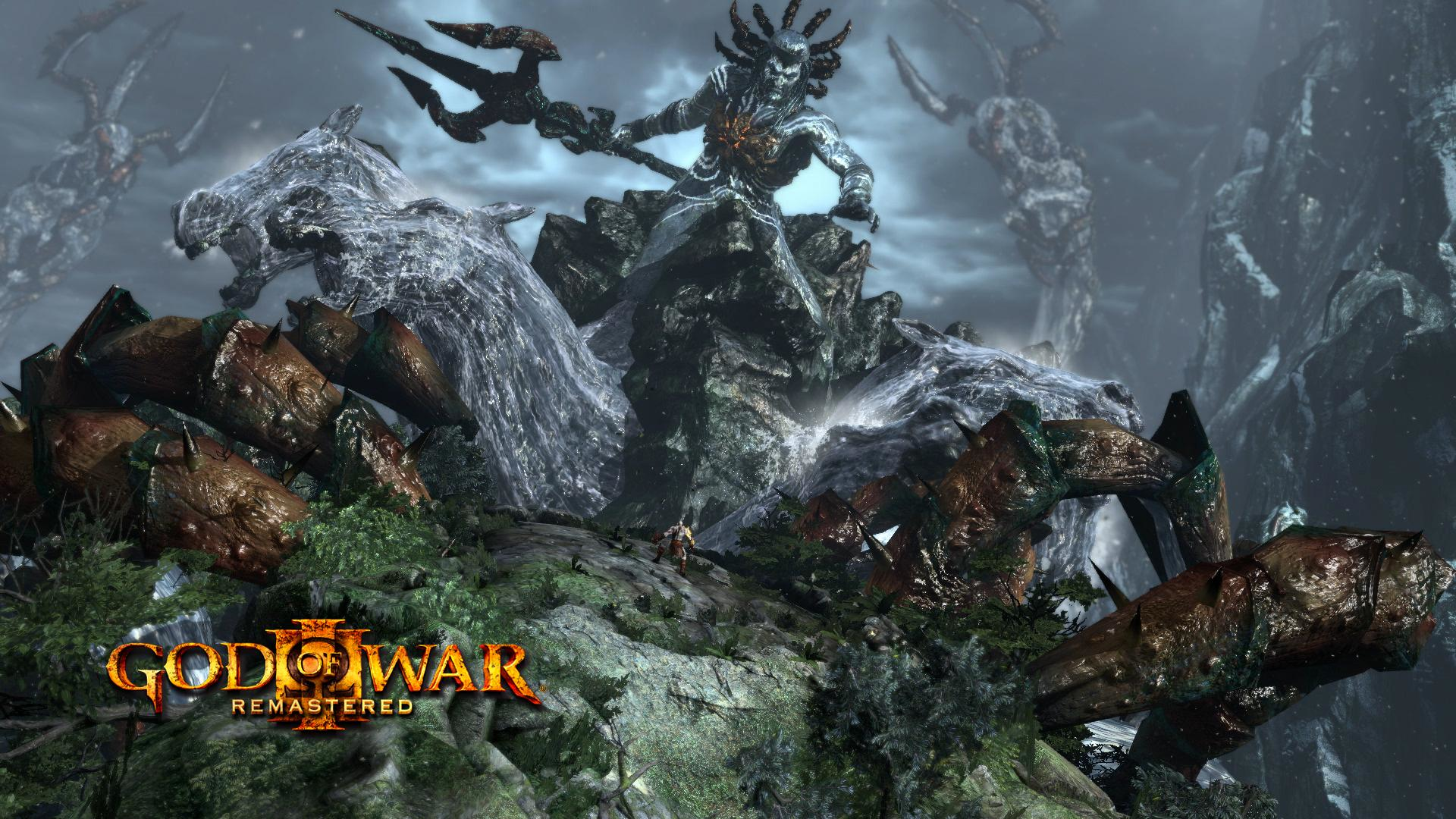 God of War III Remastered Spielszene mit einem Bosskampf mit einem großen Monster.