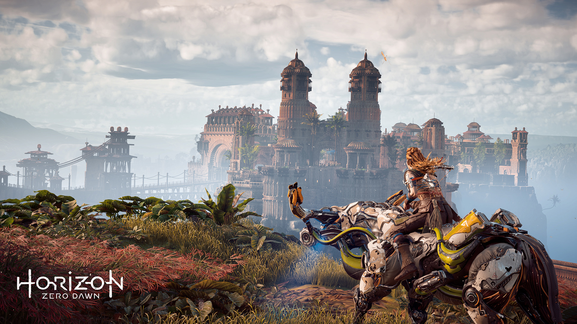 Eine Frau reitet auf einem mechanischen Pferd auf eine Stadt zu, Horizon Zero Dawn Logo.