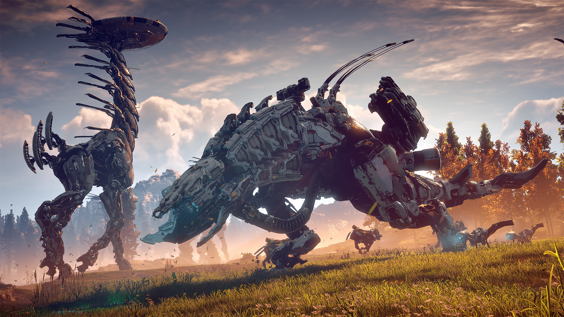 Eine roboterartige Kreatur, wie ein Dinosaurier, in einem Feld mit anderen Robotern im Hintergrund.