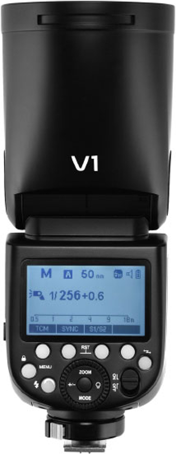 Flash de caméra noir avec écran LCD et boutons.