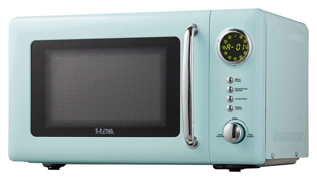 Retro turquoise microwave with digital display and control panel. A classic kitchen appliance.