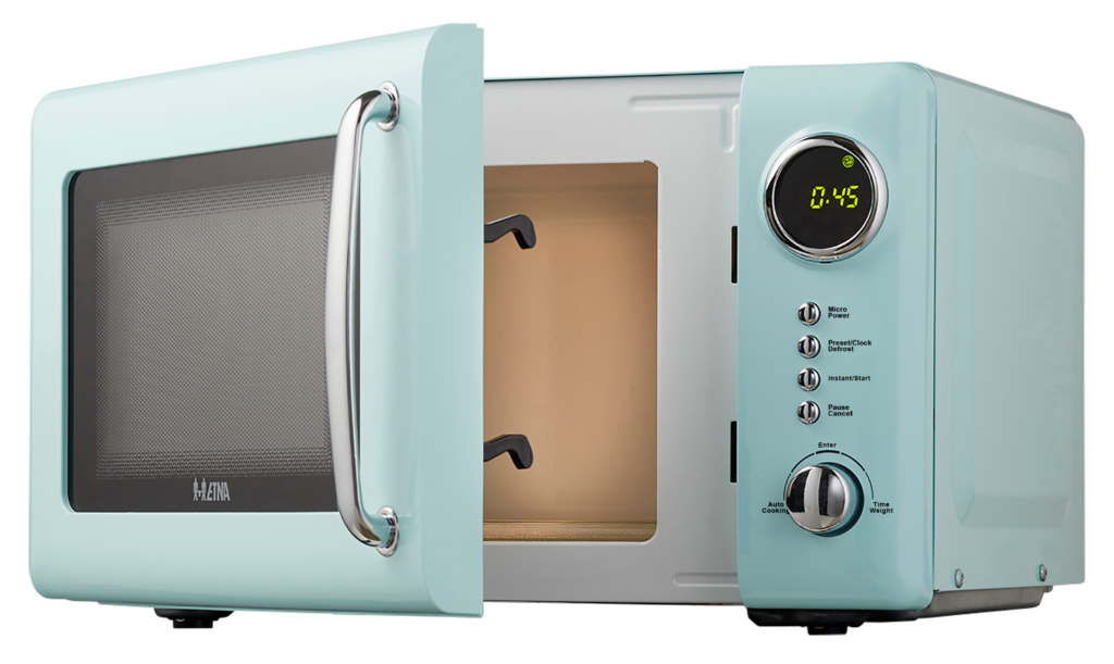 A retro style light blue microwave oven with the door open.
