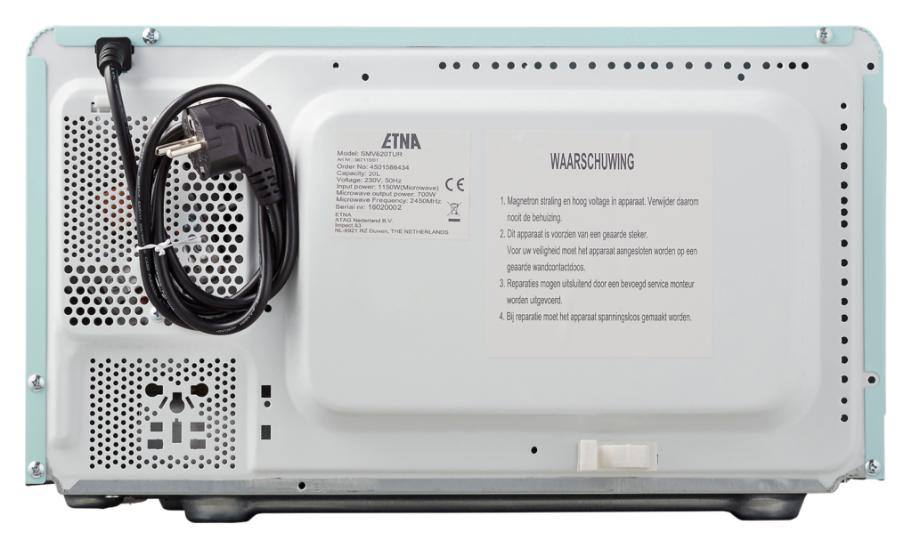 Back of a turquoise microwave with power cord and warning labels. The back panel has vents and connection ports.