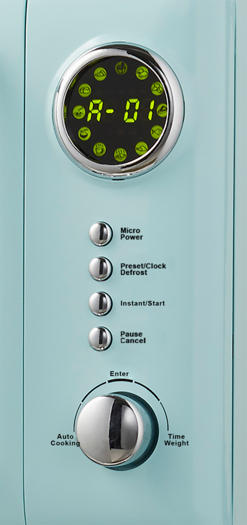 Close-up of a blue microwave control panel. Buttons include micro power, defrost, start, and cancel. A dial is below.