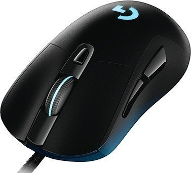 Schwarze Gaming-Maus mit Scrollrad und blau leuchtendem Logo.