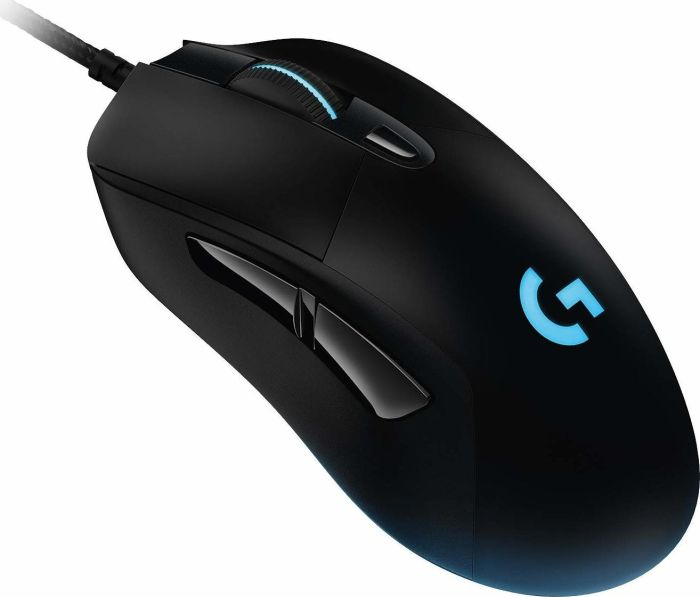 Eine schwarze Maus mit Kabel. Sie hat ein Scrollrad und Tasten. Das Logo leuchtet blau.