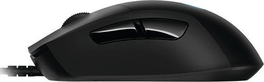 Schwarze Computermaus mit Seitentasten und Scrollrad.