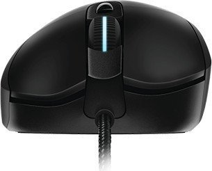 Schwarze Gaming-Maus mit geflochtenem Kabel, Seitenansicht, Nahaufnahme.