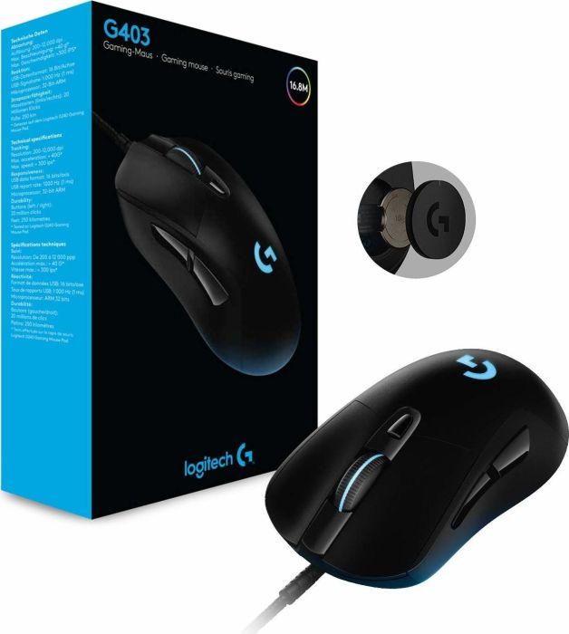 Schwarze Gaming-Maus mit blauen Lichtern und einem Logitech G-Logo. Die Box zeigt die Maus und die Spezifikationen.