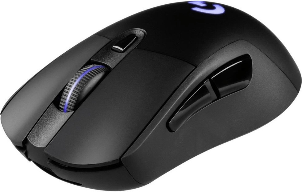 Schwarze Gaming-Maus mit Scrollrad und Seitentasten. Blaues Licht oben und Logo.