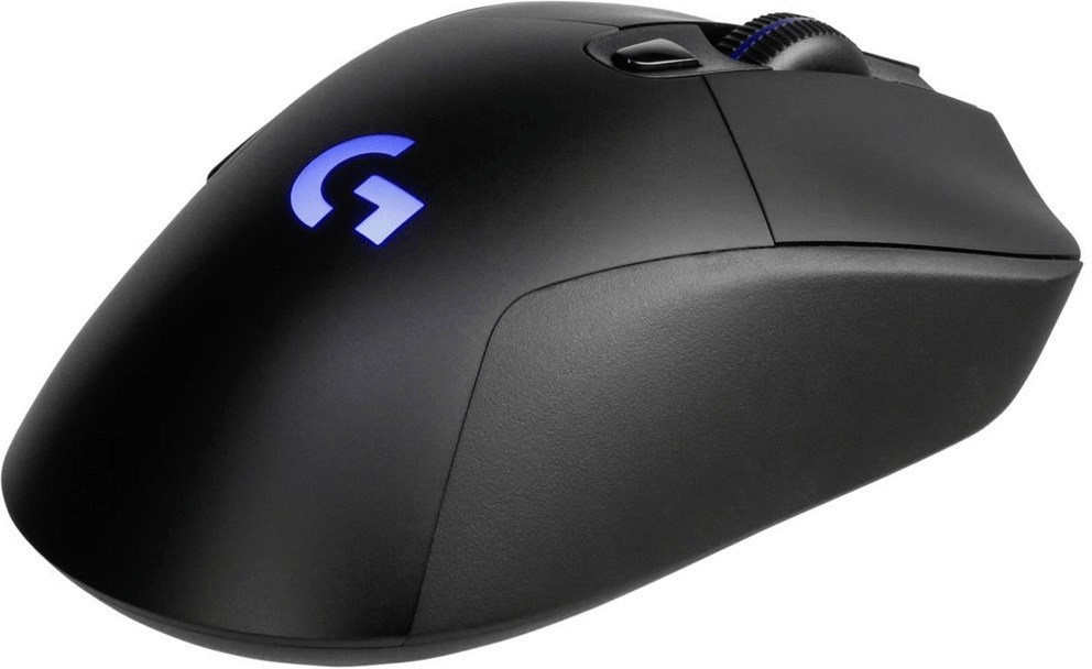 Eine schwarze Gaming-Maus mit blau leuchtendem 'G'-Logo, weißer Hintergrund.