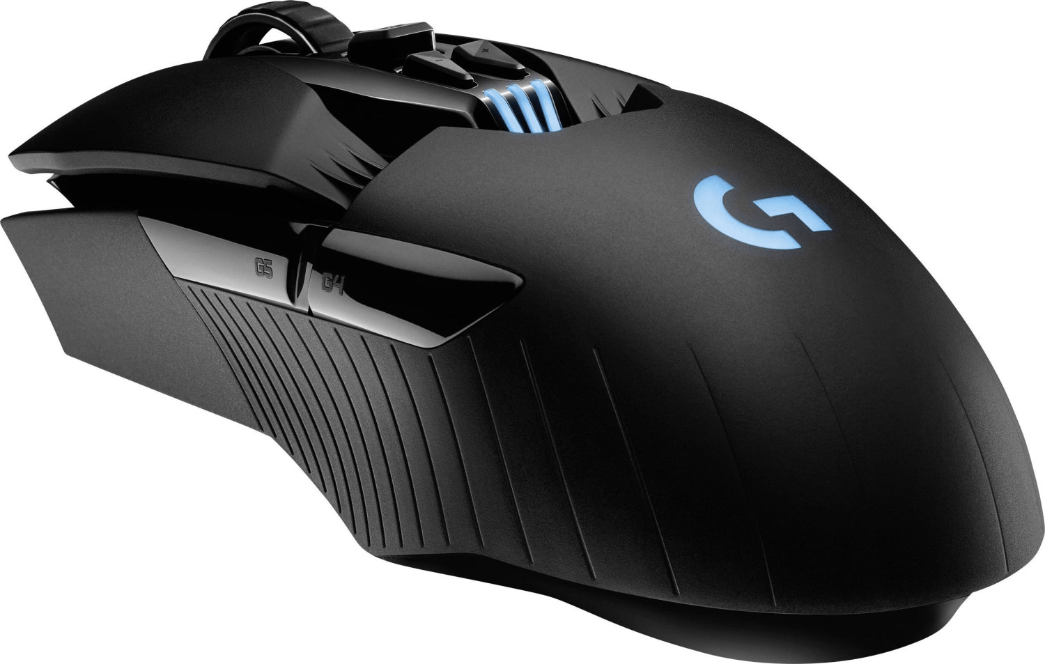 Schwarze Logitech Gaming-Maus mit mehreren Tasten und blau leuchtendem G-Logo.
