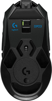Schwarze Gaming-Maus mit Logo und G903-Text, Unterseite sichtbar.