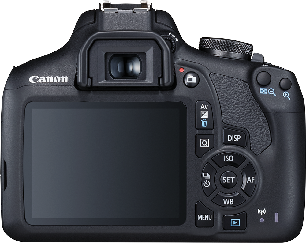 Egy Canon DSLR kamera hátulja. Gombok, képernyő és vezérlők láthatók fekete háttér előtt.