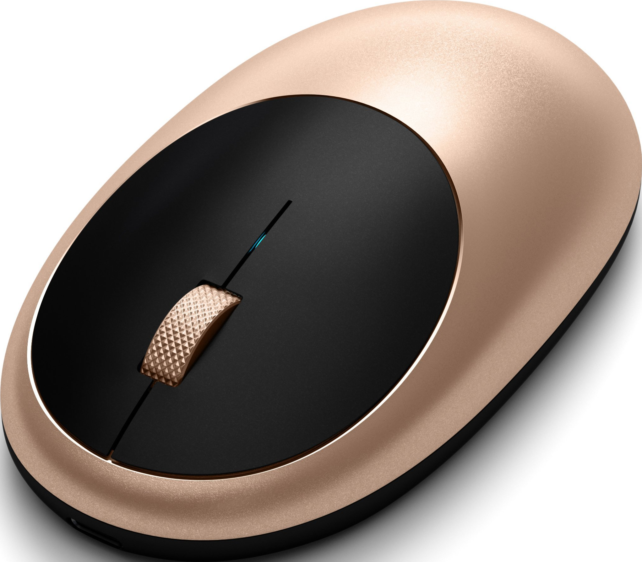 Drahtlose Maus in Roségold. Die schwarze Oberseite hat ein Scrollrad und ein Logo.