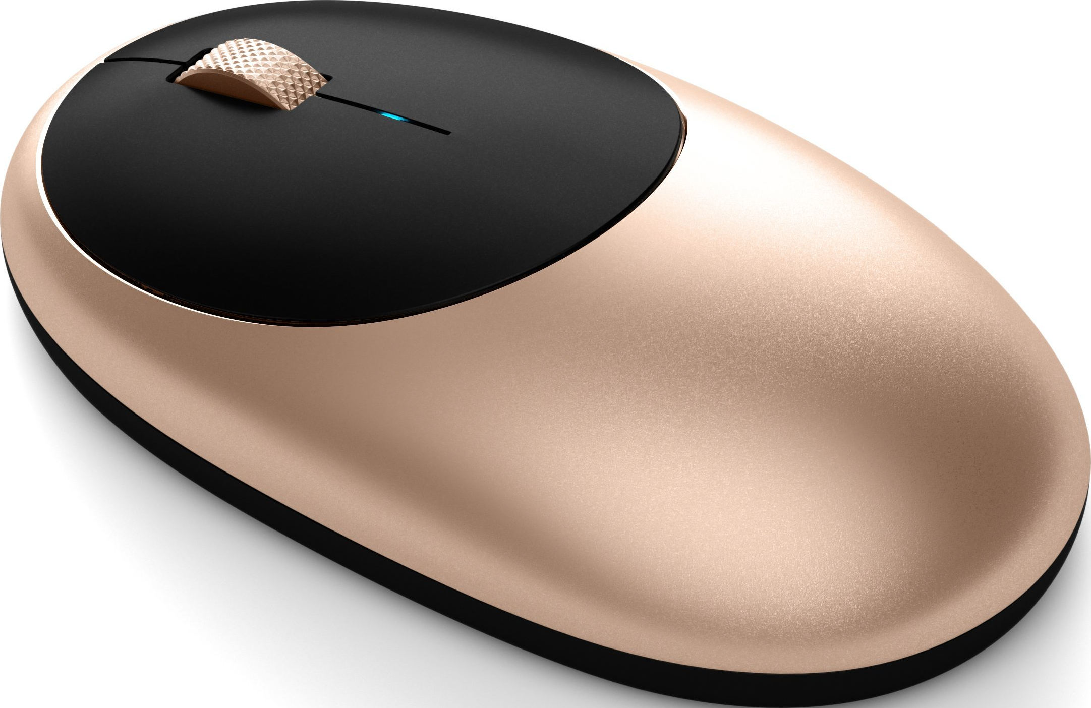 Eine goldene und schwarze Computermaus. Sie hat ein Scrollrad und ein glattes, geschwungenes Design.