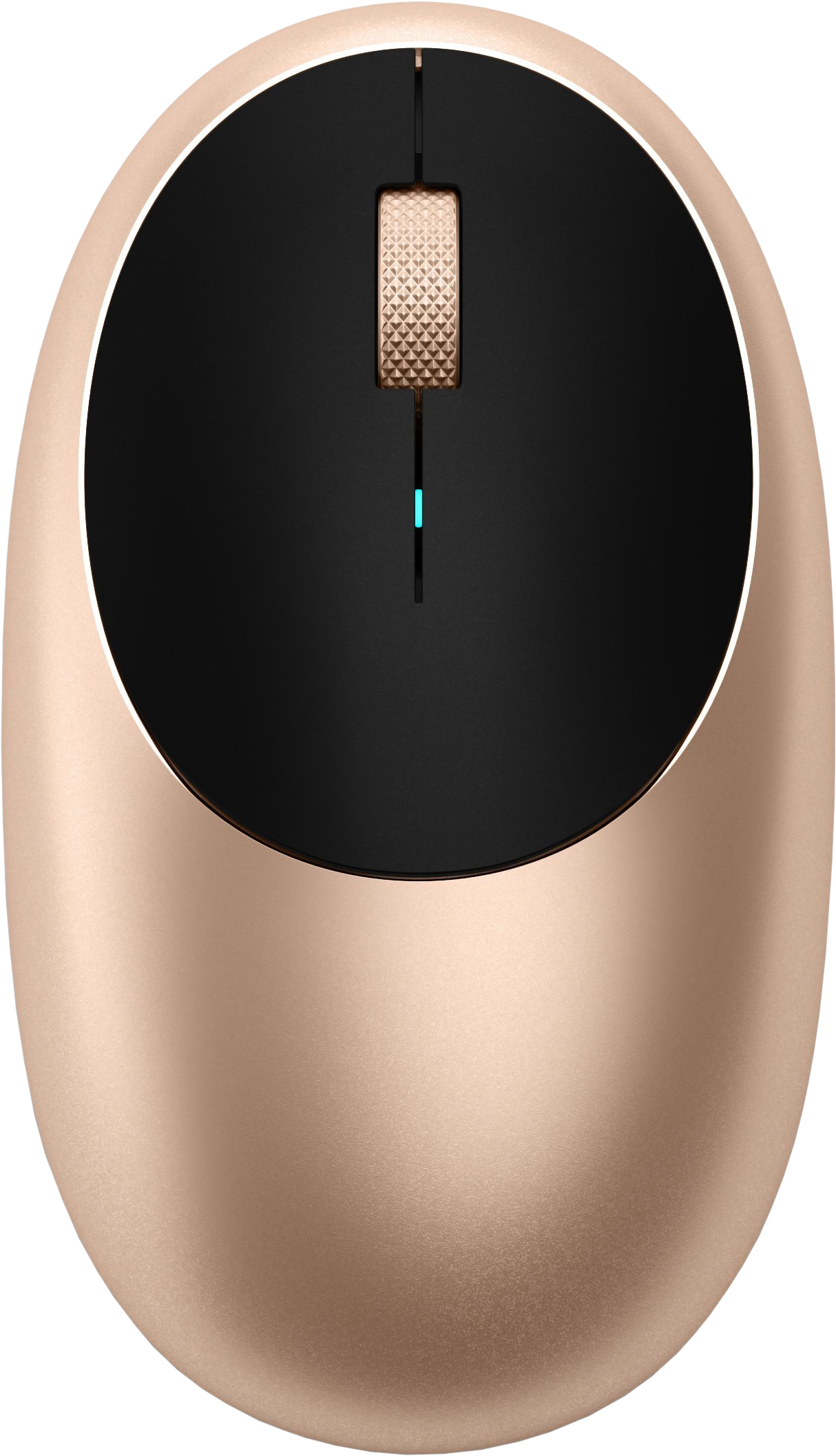 Goldfarbene Maus, schwarze Oberseite, Scrollrad. Schwarzer Hintergrund.