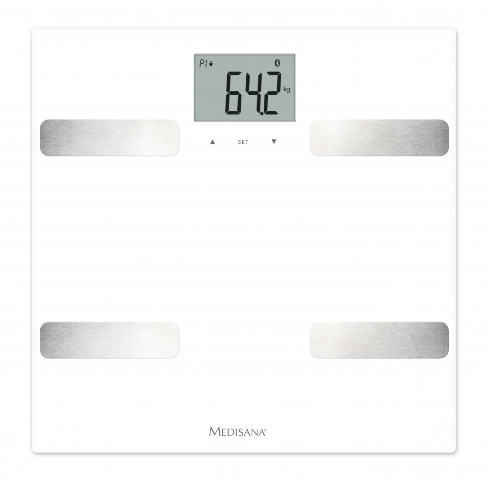 White digital scale with a display showing 64.2 kg. There are silver pads.