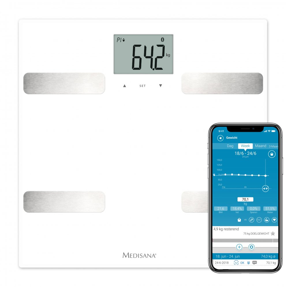 A white scale with an LCD screen showing weight, and a phone with an app.
