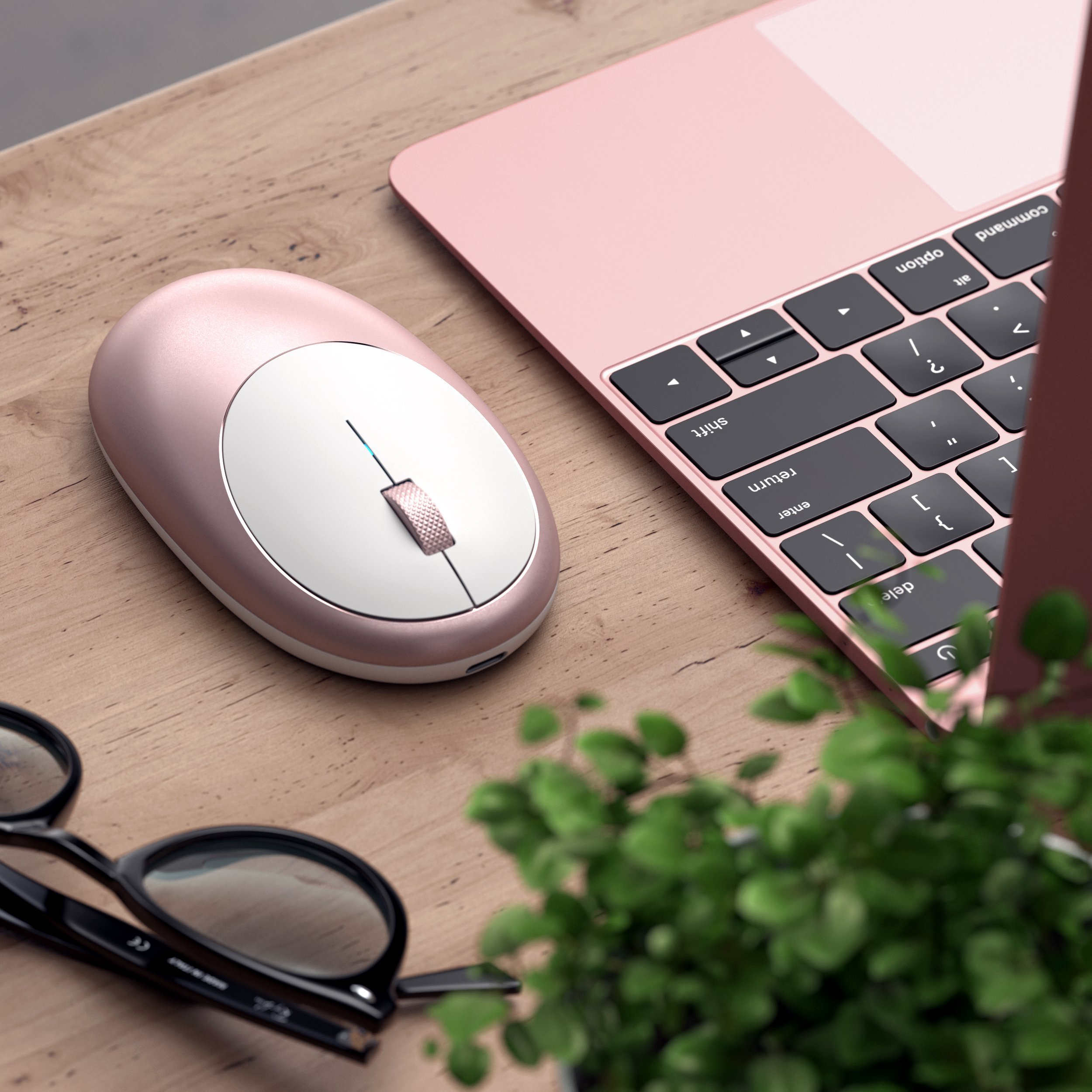 Ein rosa Laptop mit einer rosa Maus auf einem Holztisch. Grüne Pflanze und Brille.