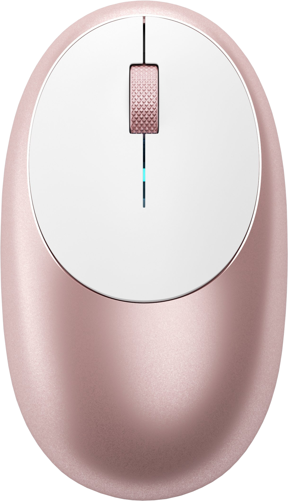 Roségoldene Computermaus, Draufsicht, minimalistisches Design. Ein Scrollrad und Knöpfe sind sichtbar.
