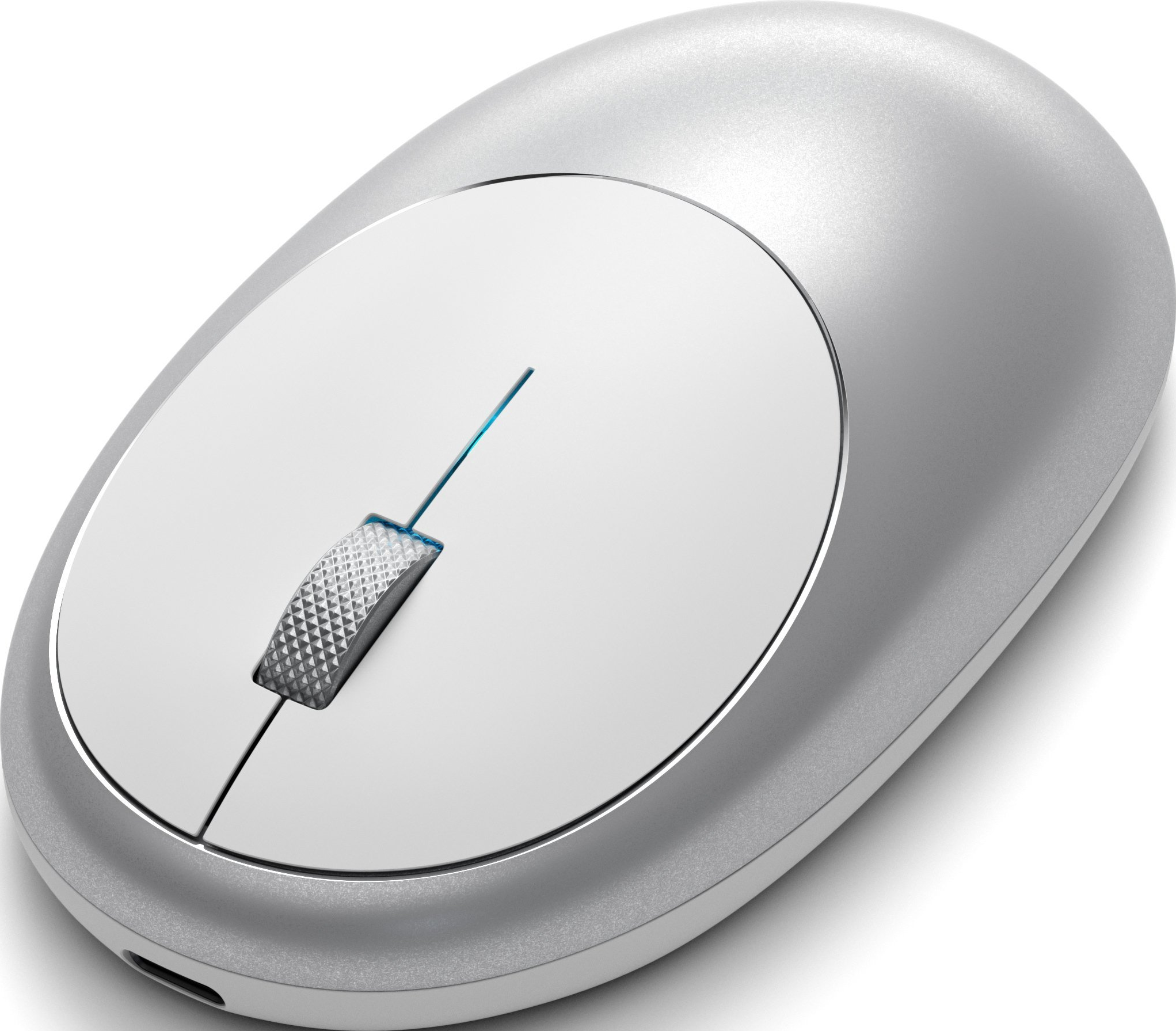 Silber drahtlose Maus mit weißer Oberseite und Scrollrad.