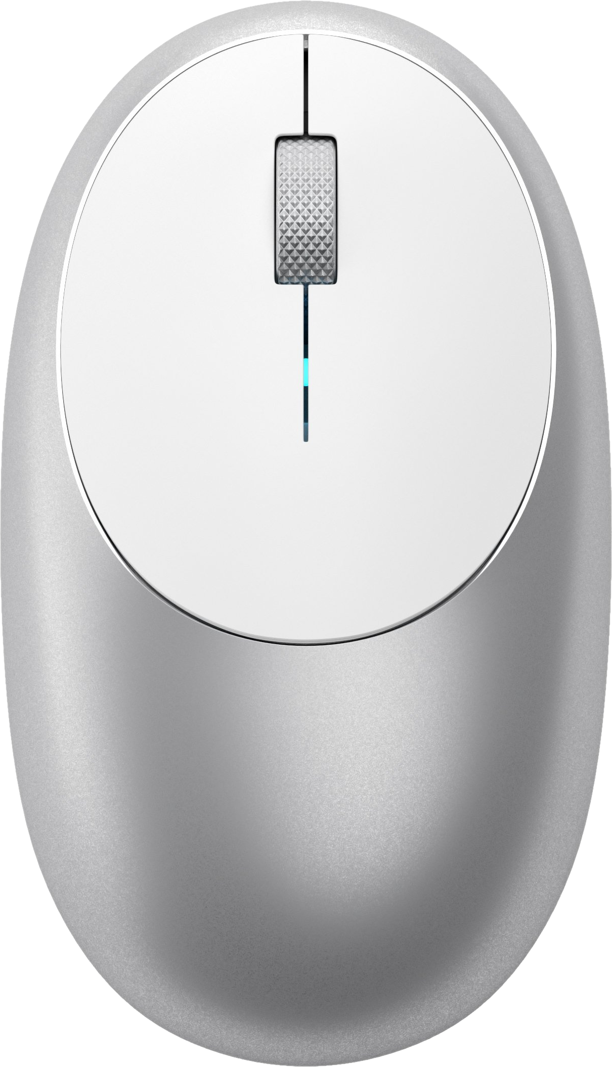 Eine weiße, ovale Computermaus mit Scrollrad und blauem Licht.