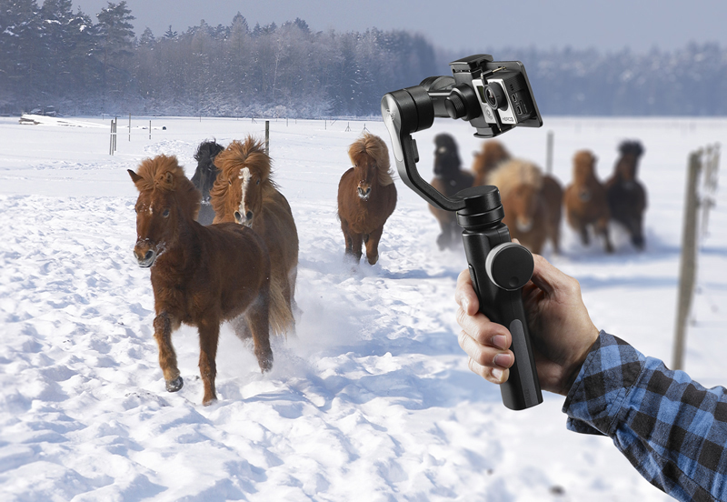 Eine Hand hält einen Gimbal mit Kamera, während im verschneiten Hintergrund Pferde laufen.