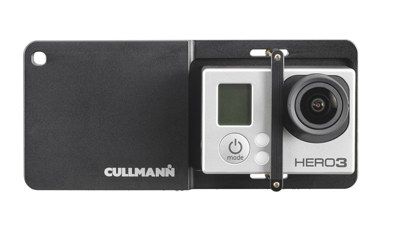 Eine GoPro Hero 3 Kamera ist in einer schwarzen Cullmann Halterung montiert.