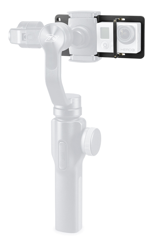 Eine weiße GoPro Hero3 Kamera ist in einer schwarzen Halterung auf einem weißen Gimbal montiert.