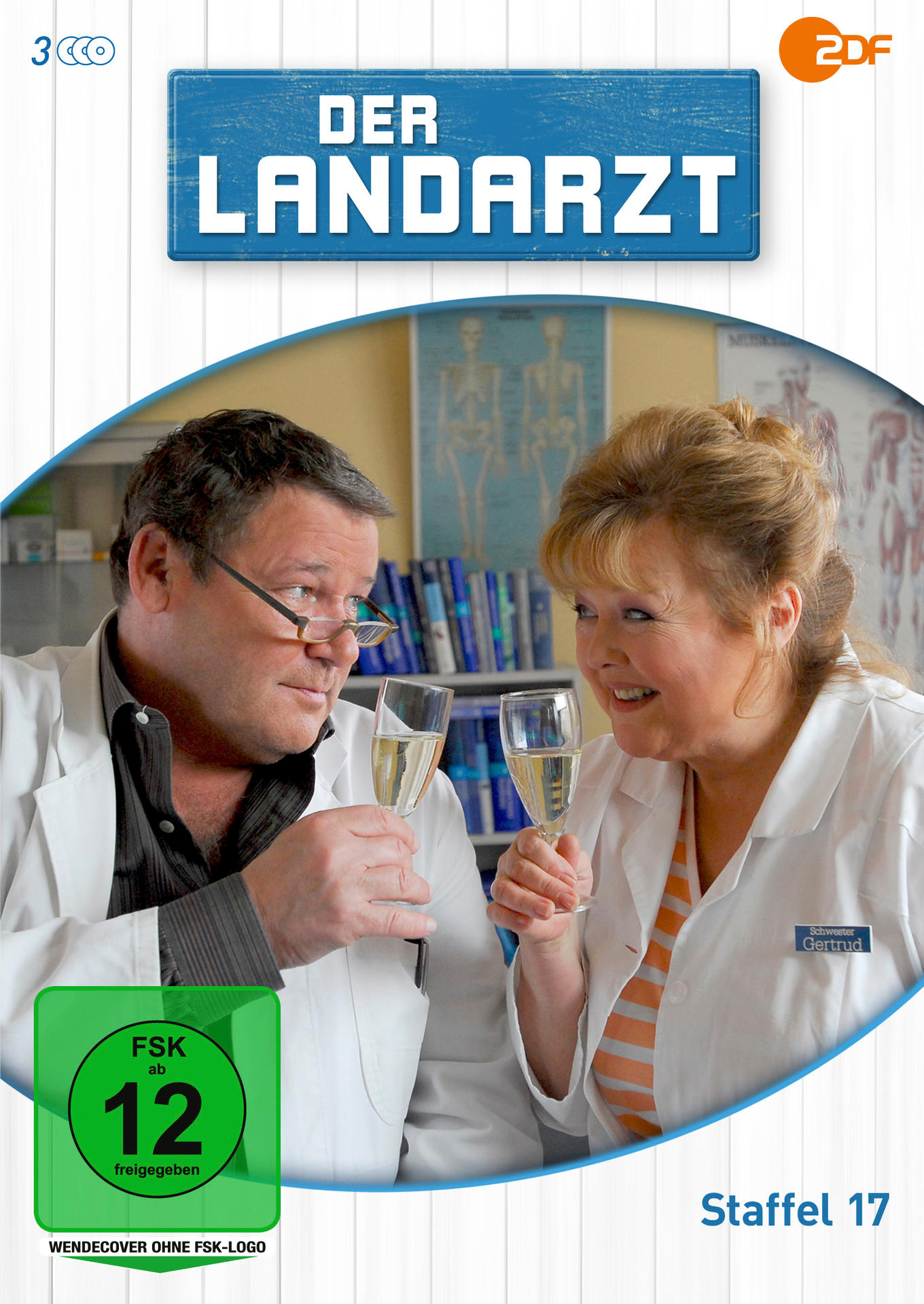 Der Landarzt DVD-Cover mit zwei Personen mit Brille und weißen Mänteln, die Sektgläser halten.