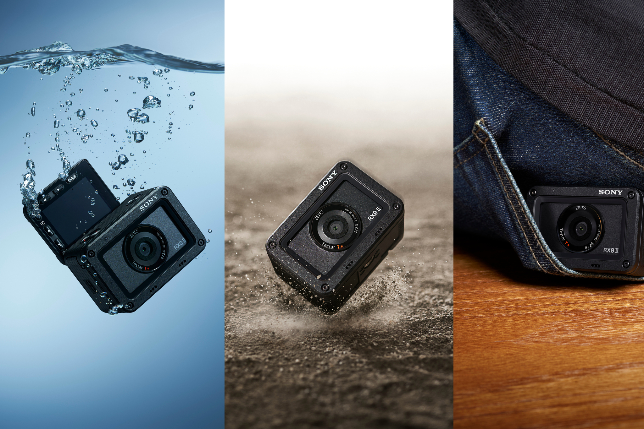 Caméra Sony noire dans l'eau, sur une surface et dans une poche. Toutes ont un corps noir et un objectif.