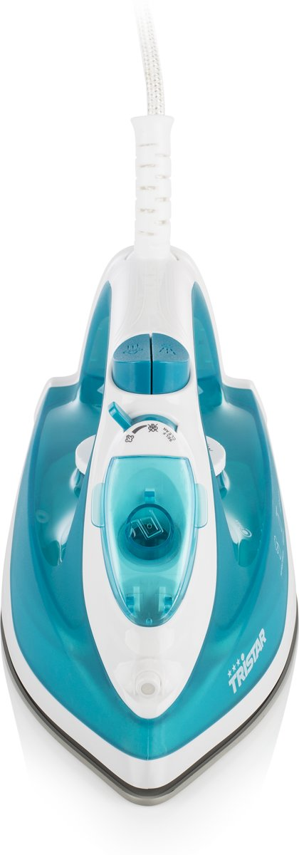 Bovenaanzicht van een turquoise en wit strijkijzer met een wit snoer. Toont de bedieningselementen.