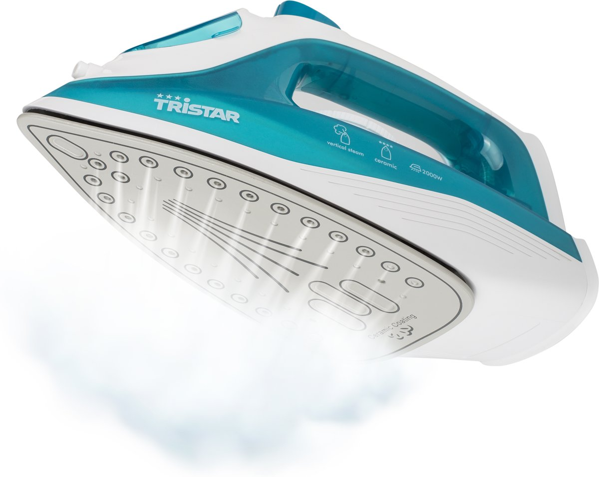 Wit en blauwgroen strijkijzer, met stoom en een label 'keramische coating'.