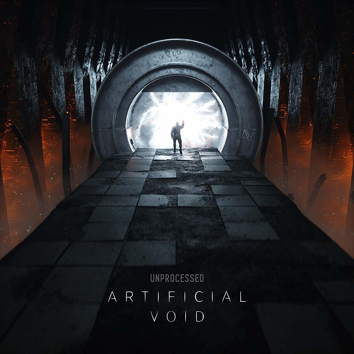 Kunstwerk mit einer Figur in einem Licht-Tunnel. Die Worte 'ARTIFICIAL VOID' stehen darunter.