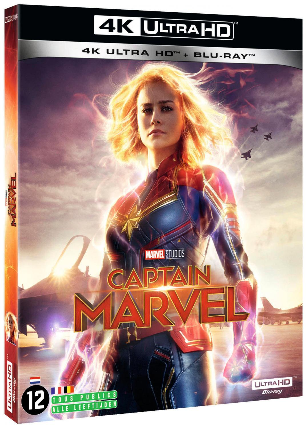 Captain Marvel Blu-ray cover. Brie Larson as Captain Marvel in a red and blue suit. Jets in the background. 4K Ultra HD Blu-ray.